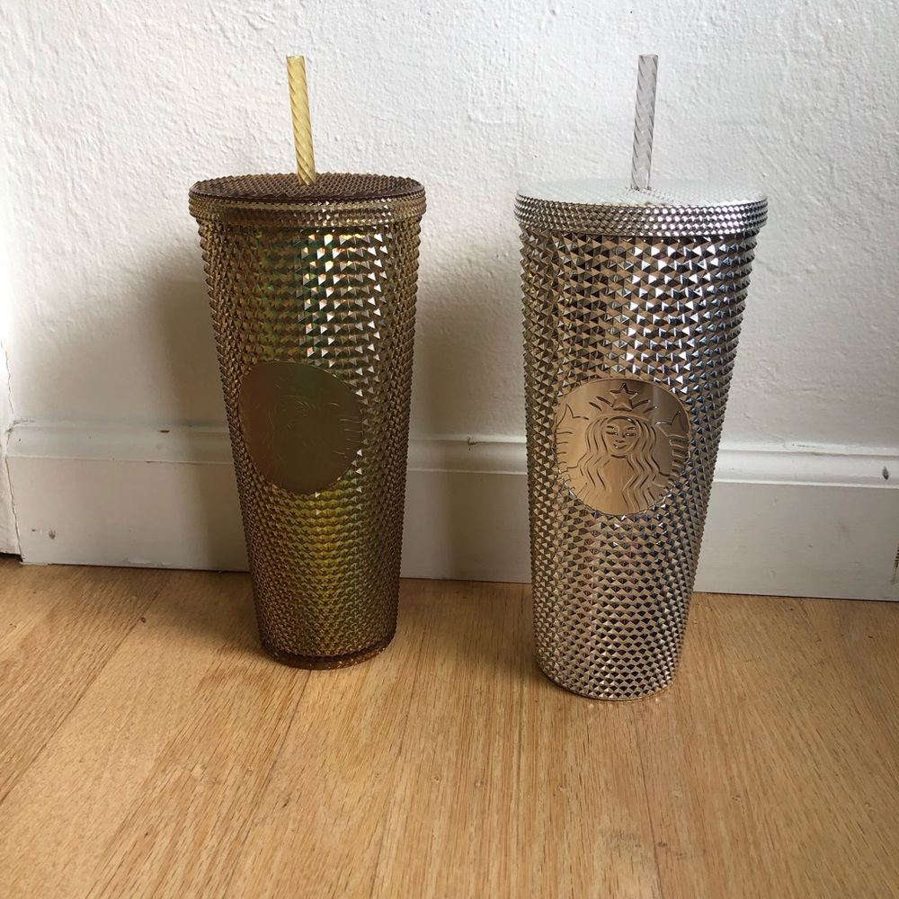 Starbucks venti cups studded Disney Disneyland Geometric  Gold silver set of 2